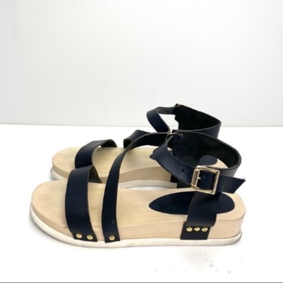 FREE People Leather Ankle Lace Straps Wood Sole Sandal in Black Size 8 - Picture 6 of 10